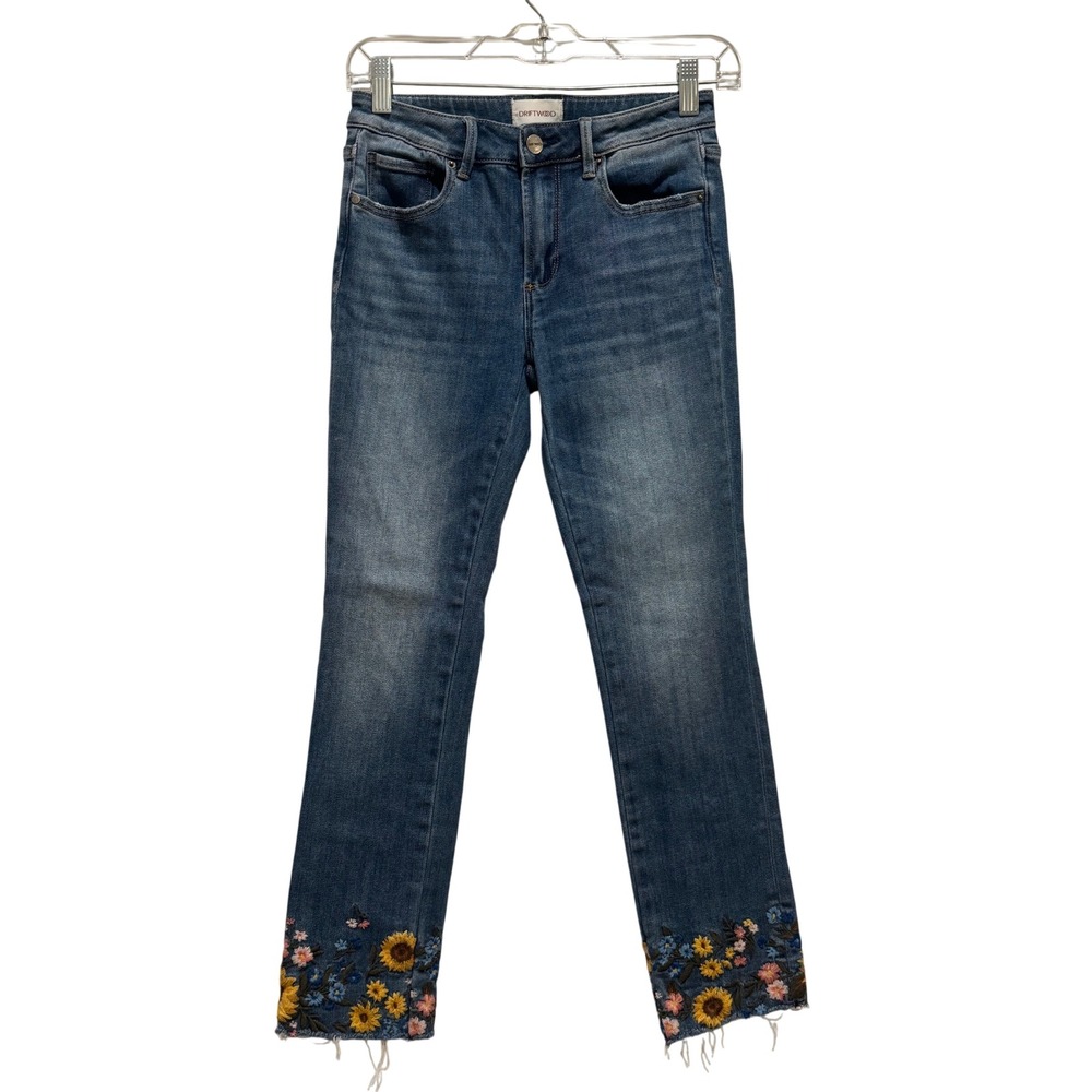 Driftwood Colette Floral Embroidered Jeans Women 24 Blue Raw Hem Straight Leg
